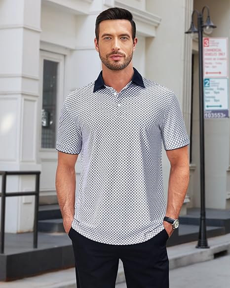 Mens Golf Polo Shirts Short Sleeve Dry Fit Moisture Wicking Casual Tennis Polos Print Collared Shirt