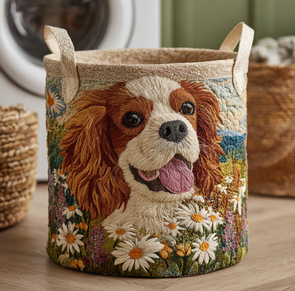 Vivid Cavalier King Charles Spaniel Pattern Quilted Laundry Basket Eco-Friendly Machine Washable Storage Organizer for Home Bathroom Bedroom | Dog