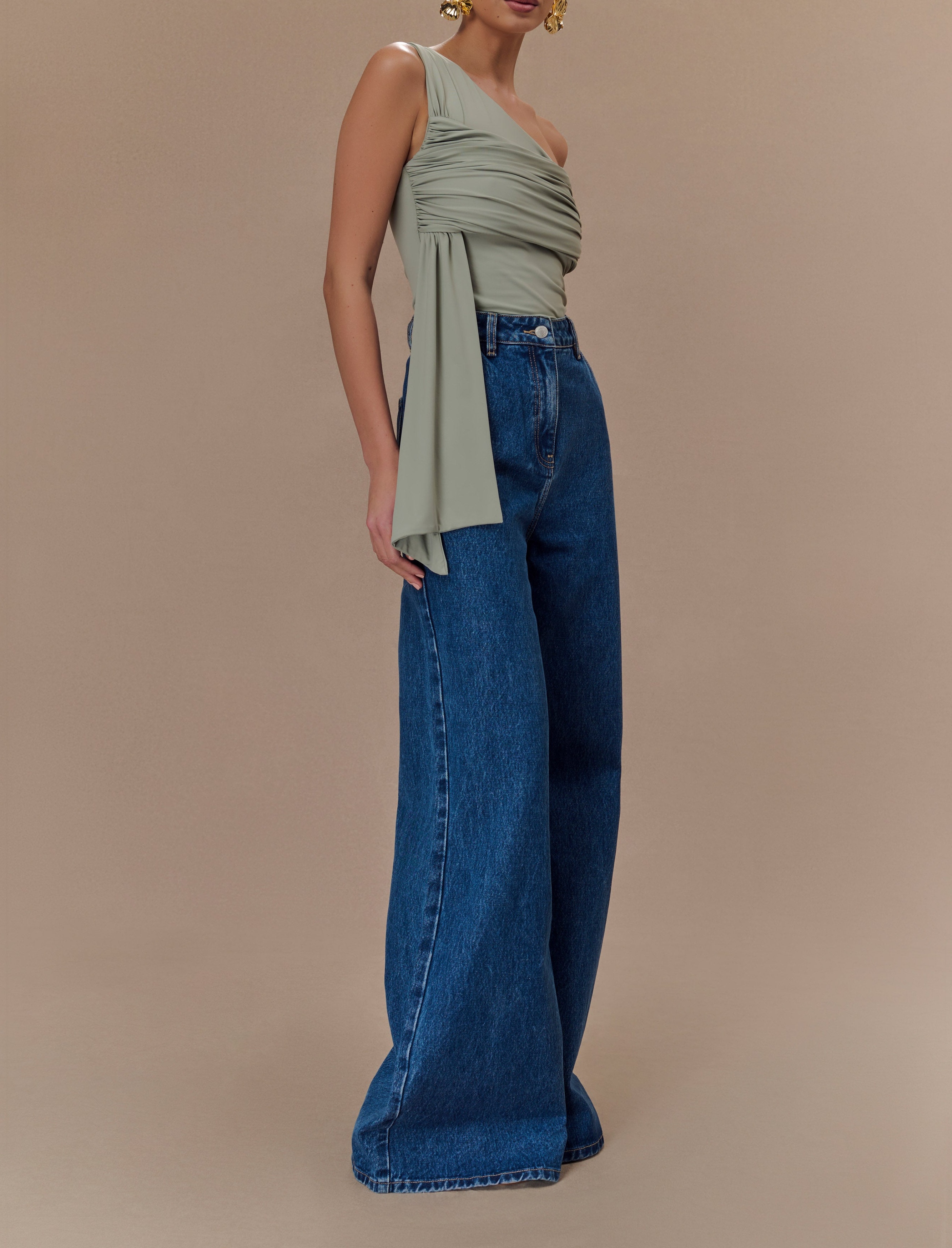 Basil One Shoulder Recycled Nylon Top With Drape