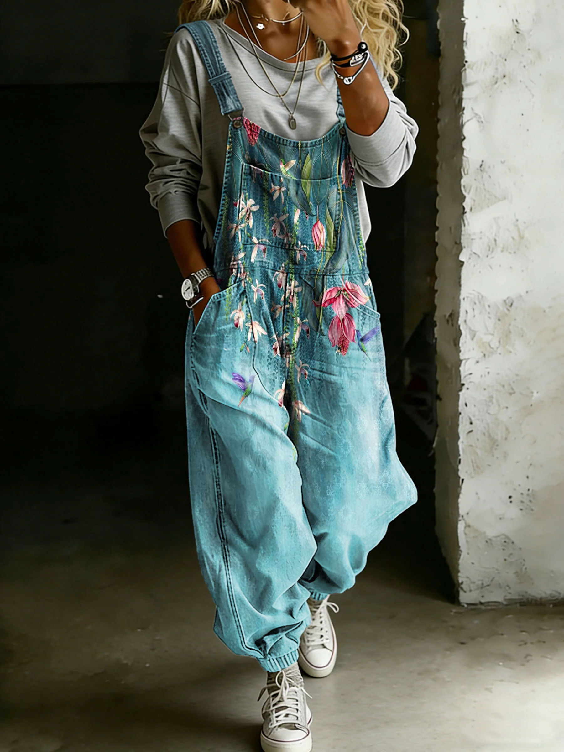 Women’s Flower Print Casual One Piece Denim Jumpsuit