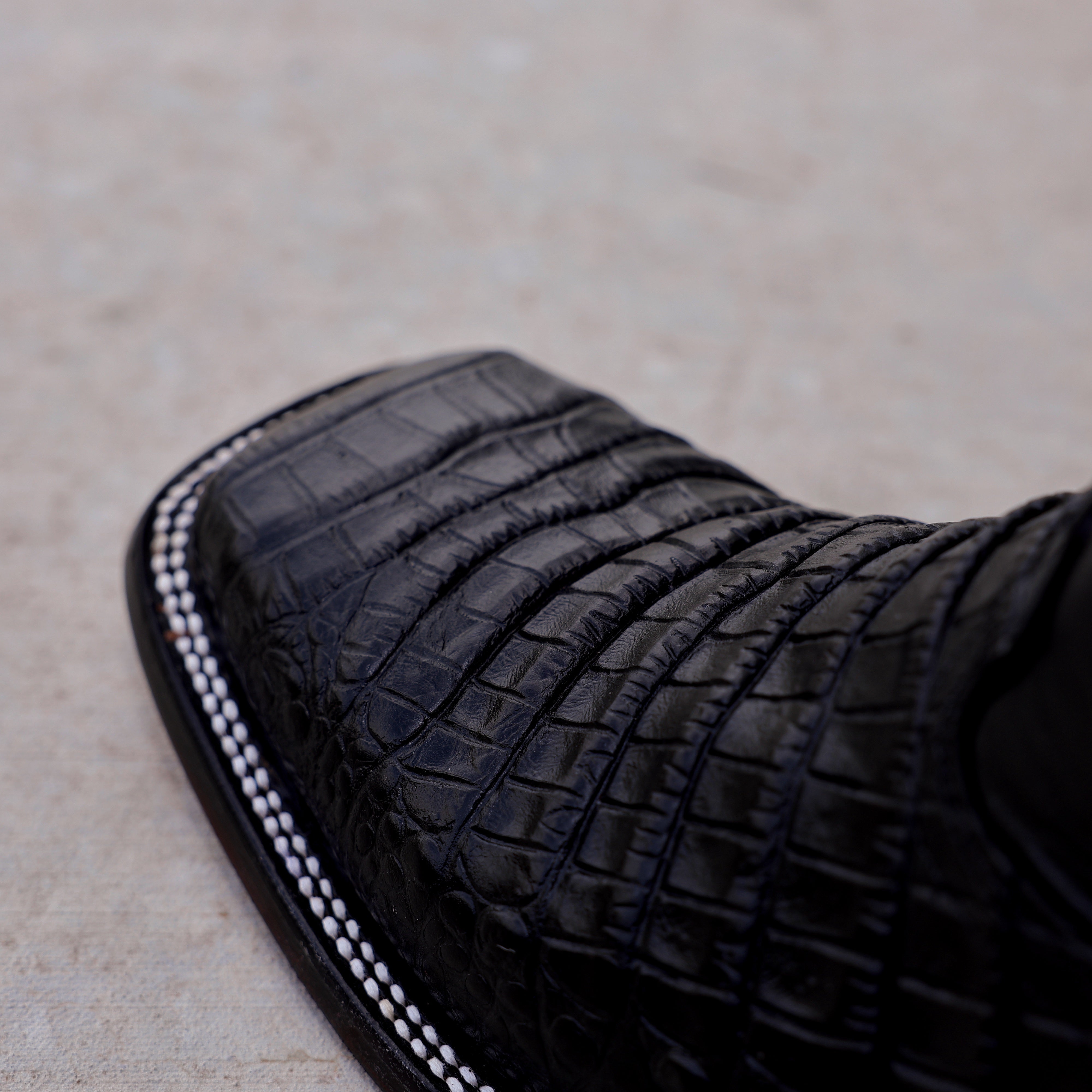 Black Caiman Belly Leather Boots -Square Toe