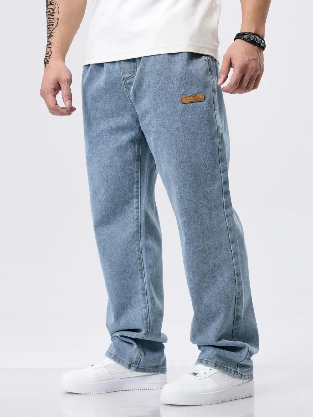 Men's Drawstring Elastic Waist Jeans, Washed Vintage Straight Leg Plain Denim Jeans