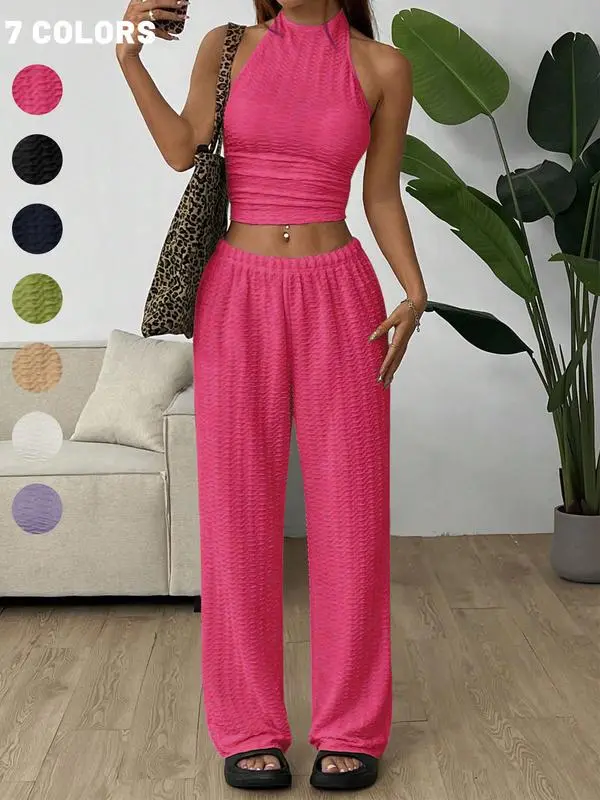 Women's Solid Crop Halter Neck Top & Wide Leg Pants Set