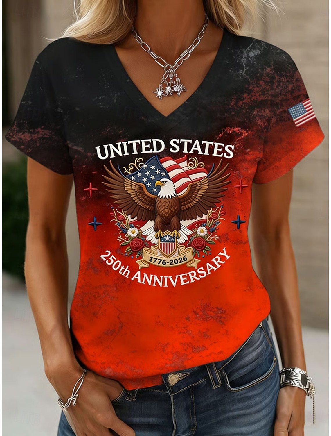 Gradient Pattern Casual Cotton V Neck T-Shirt