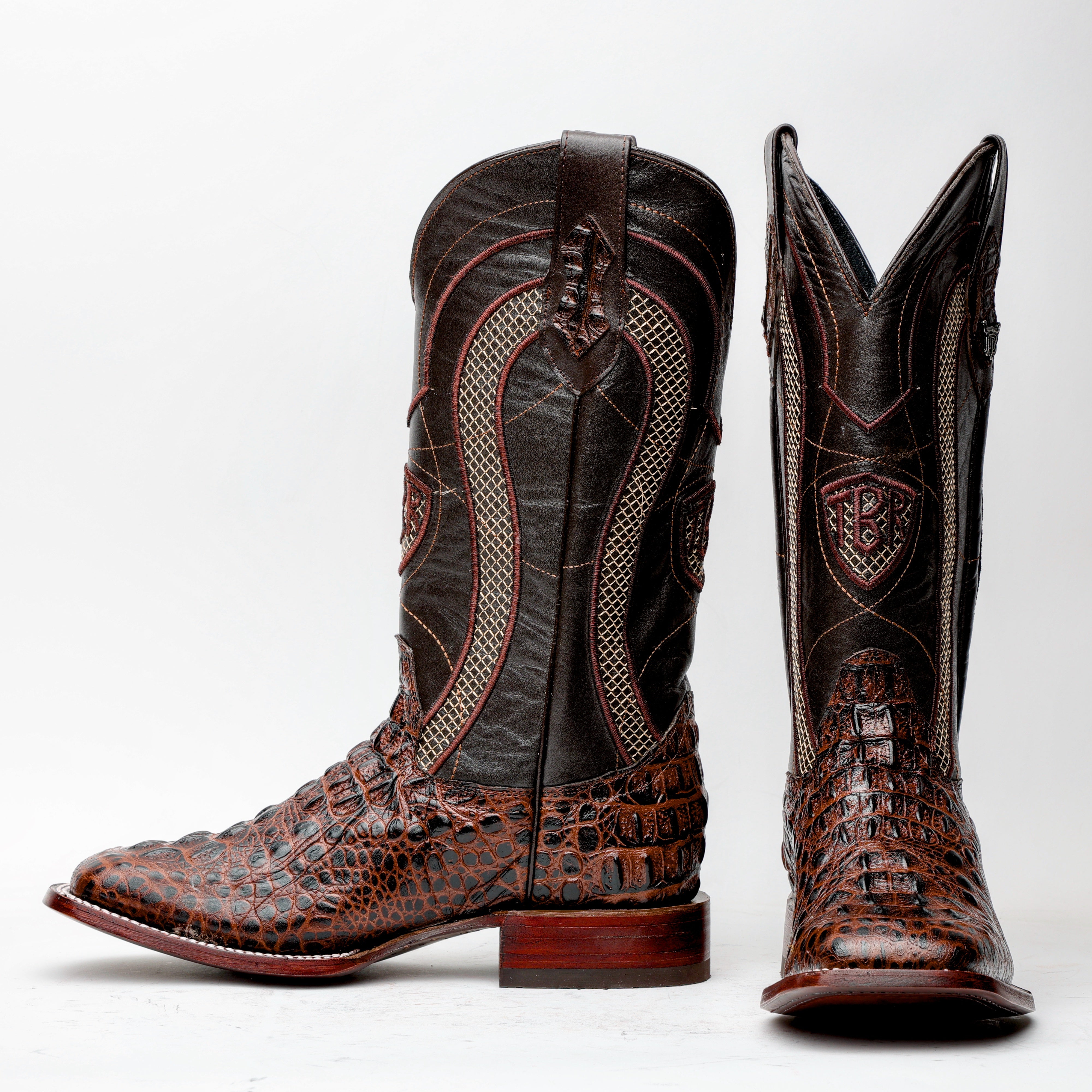 Brown Caiman Neck Leather Boots - Square Toe