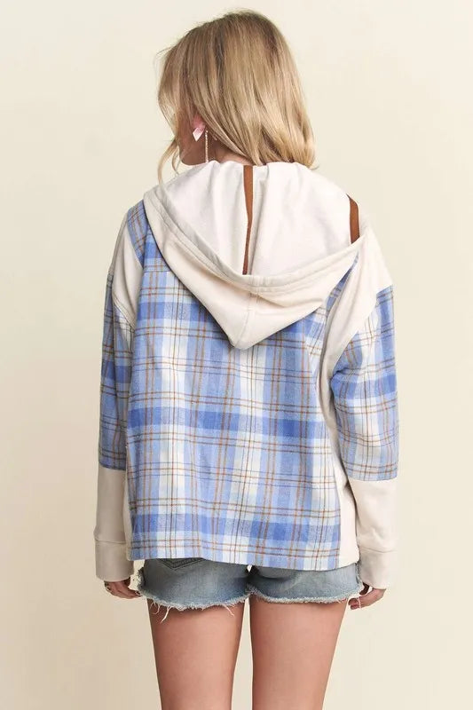 Button Down Plaid Hoodie Shacket