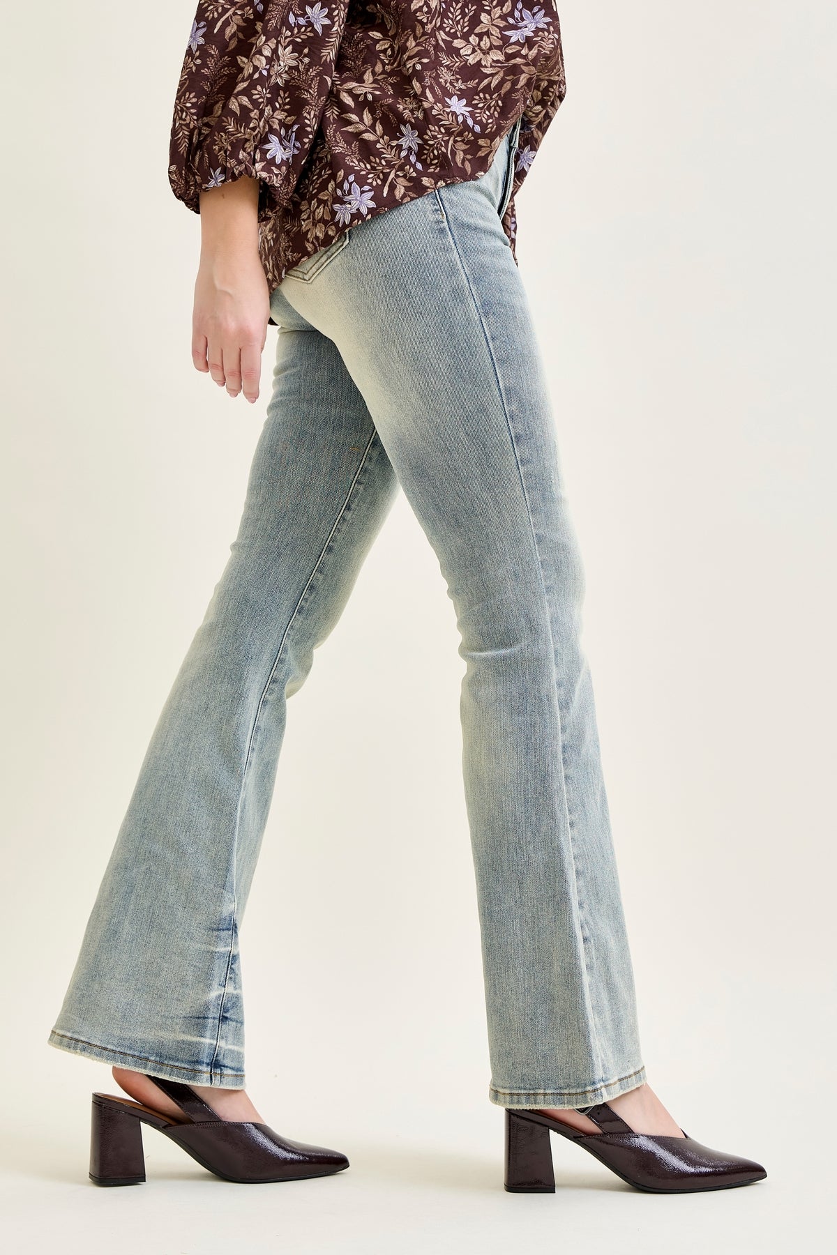 Megan Mid Rise Tinted Pin Tack Detail Flare Jeans