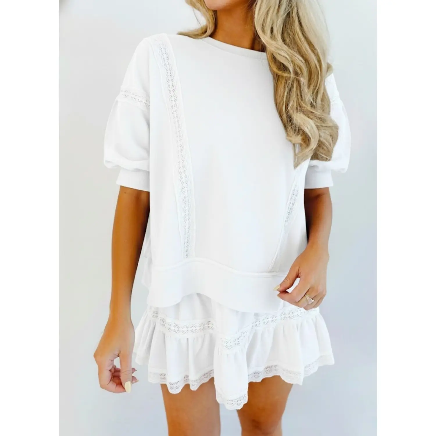 Fisoew Women's 2 Piece Cotton Lace Trim Outfit Set Short Sleeve Puff Sleeve Top & Ruffled Shorts Soft Casual Outfit