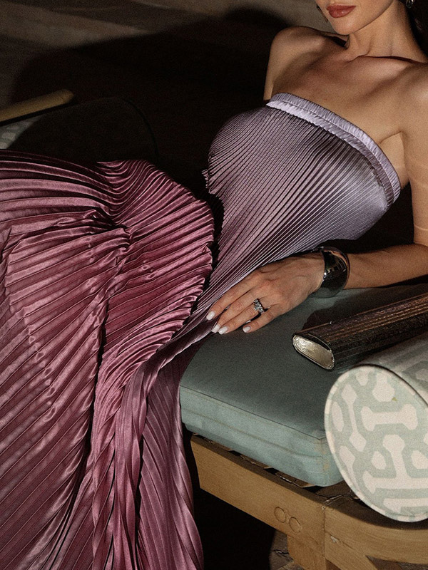 Elasticity Gradient Pleated A-Line Loose Tube Maxi Dresses Evening Dresses