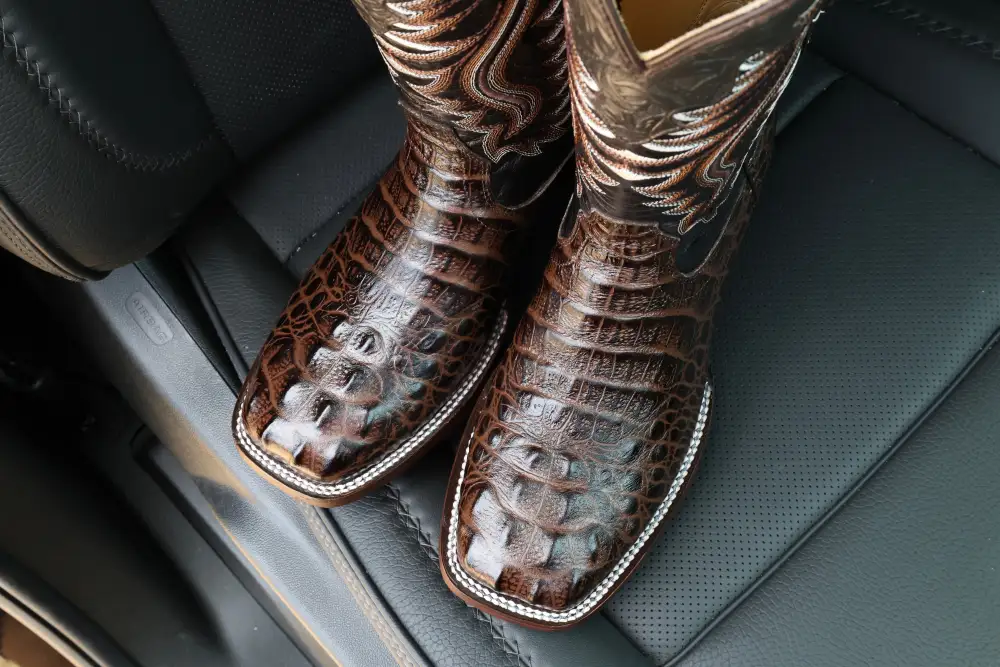 Men’s Chocolate Brown Caimán Neck Leather Boots With Brown Shaft