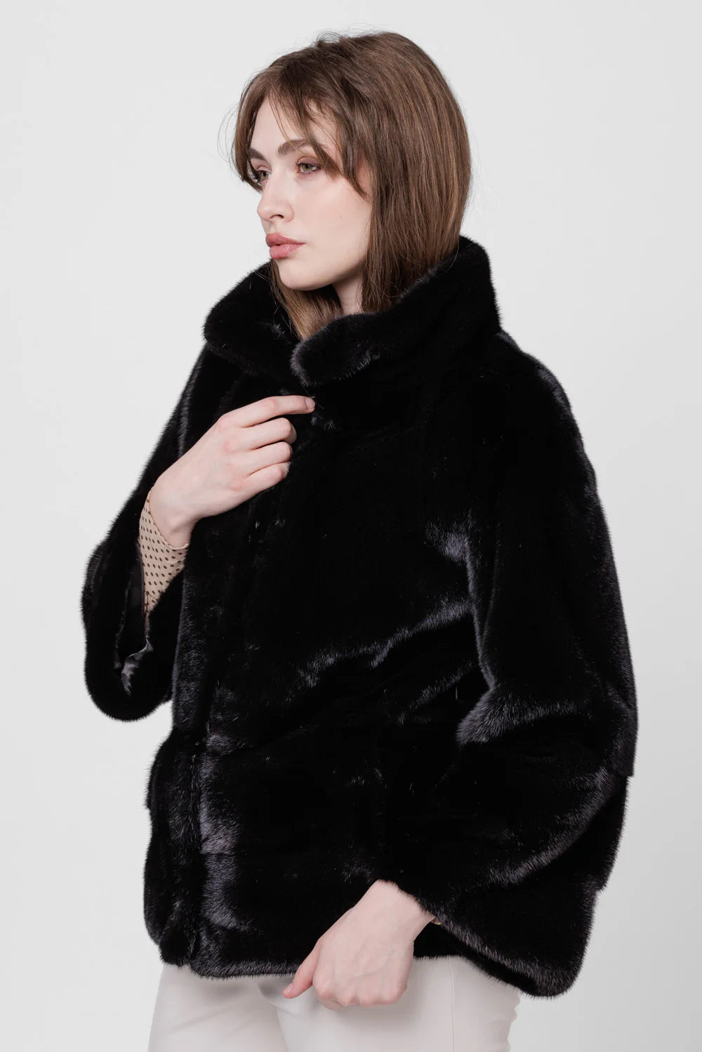 Haină din Blană Naturală de Vizon, Mânecă Clopot, Femei, Diamond 226