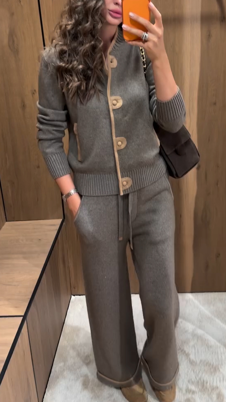 Women Round Neck Breasted Knitted Cardigan+ Pants Casual Suit