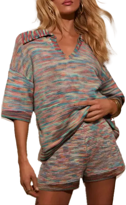 Women's Striped Knit Two-Piece Set – Short Sleeve Sweater Top & Elastic Waist Skirt, Casual Summer Outfit