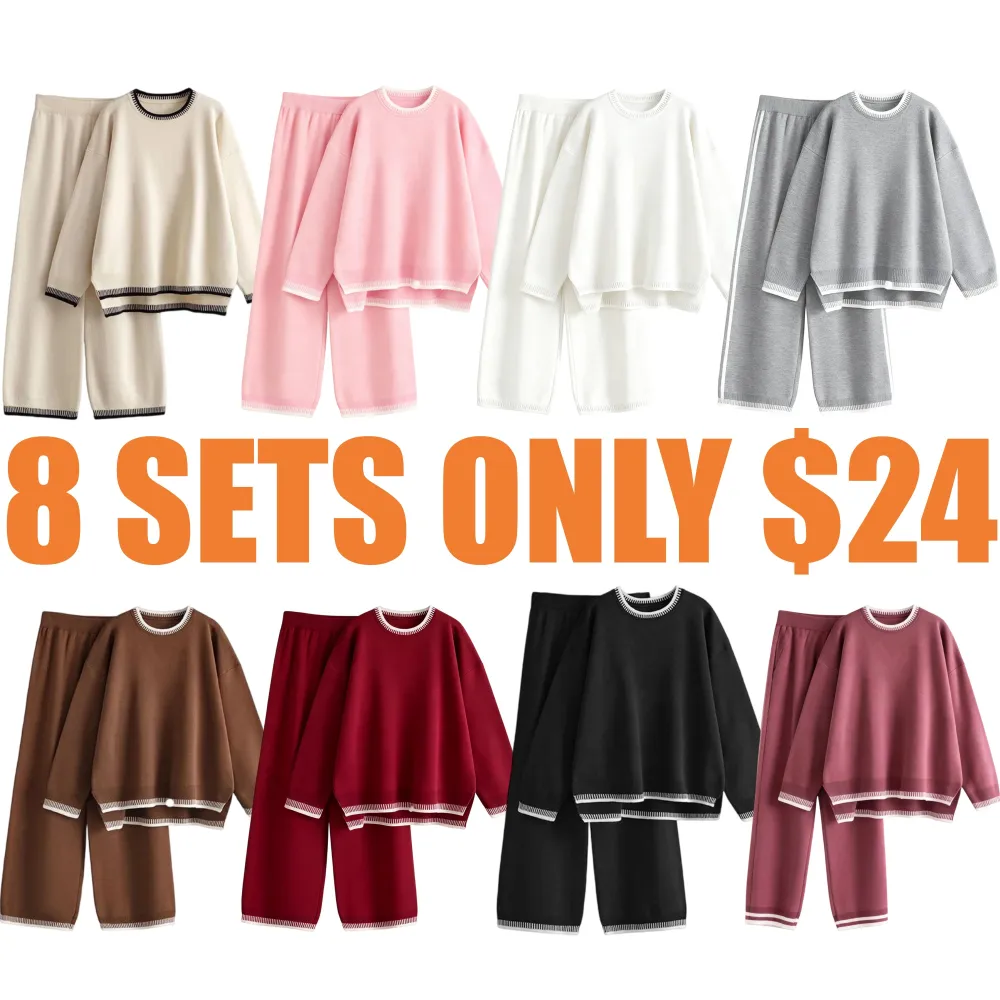 Chic Crew Neck Sweater & High Waist Loose Pants Casual Outfit