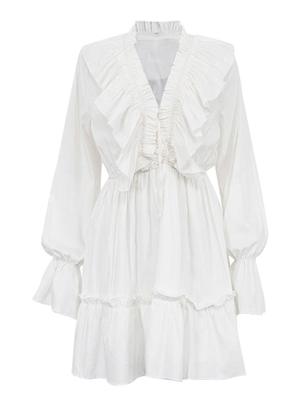 Deep V-Neck Design Smocked Trumpet Sleeves Ruffled White Waist Dress