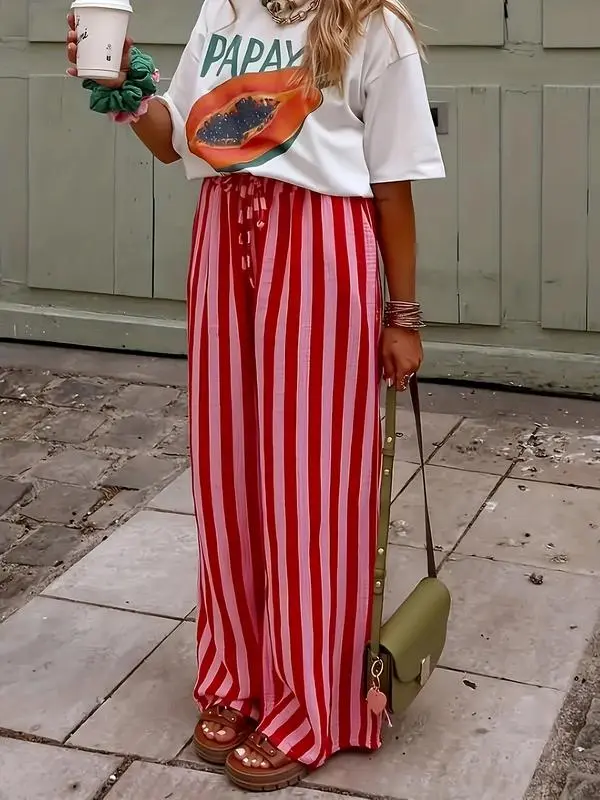 Women's Drawstring Wide-Leg Pants – Loose Fit Striped Casual Trousers