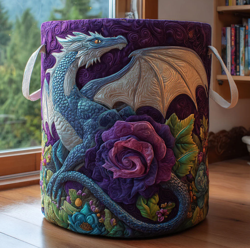Mythical Dragon Pattern Quilted Laundry Basket Eco-Friendly Machine Washable Storage Organizer for Home Fantasy Themed Room Decor | Dragon