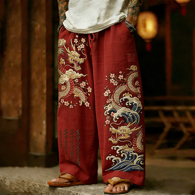 Men's Retro Japanese Dragon With Cherry Blossoms Art Linen Pants