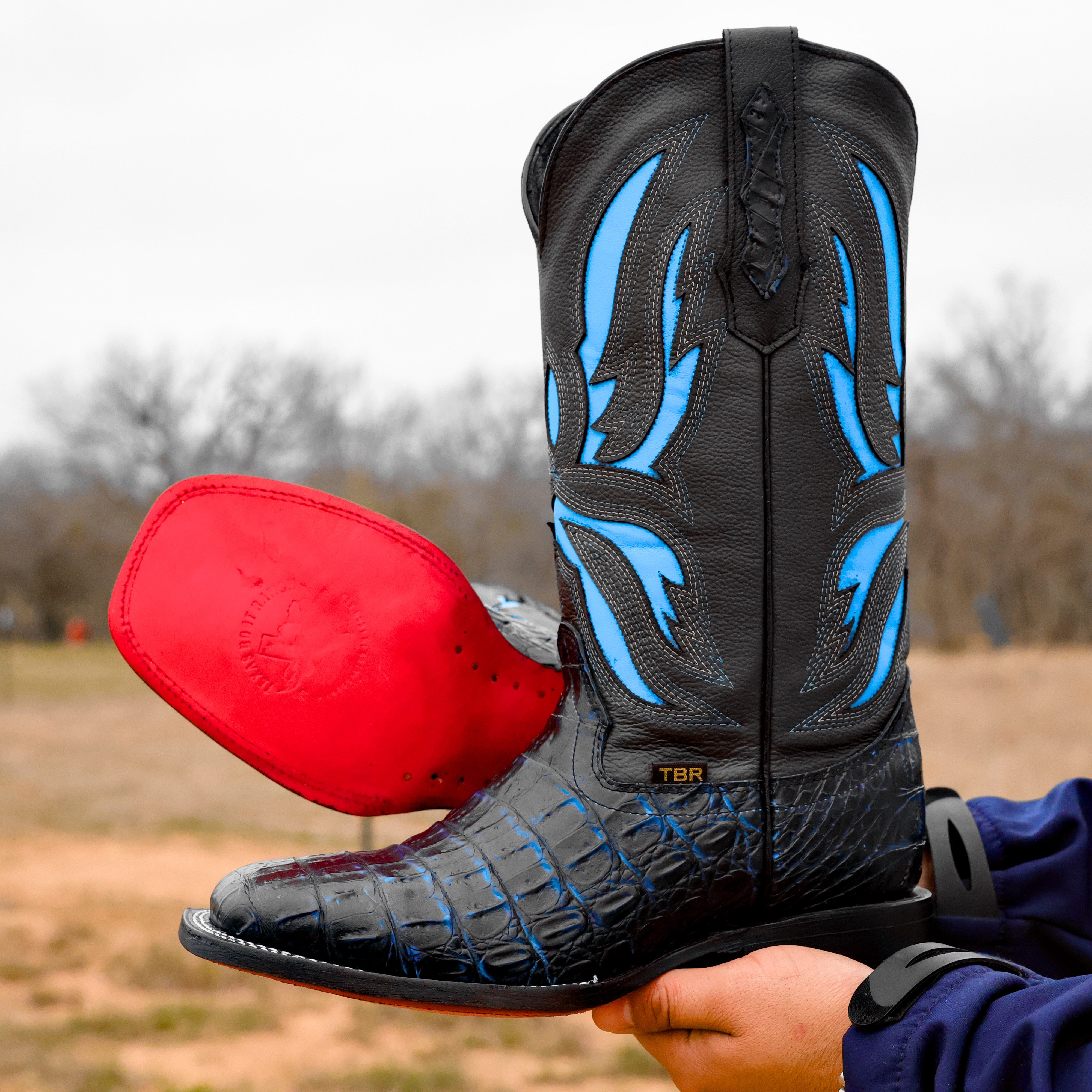 Black/Blue Caiman Hornback Leather Boots - Square Toe