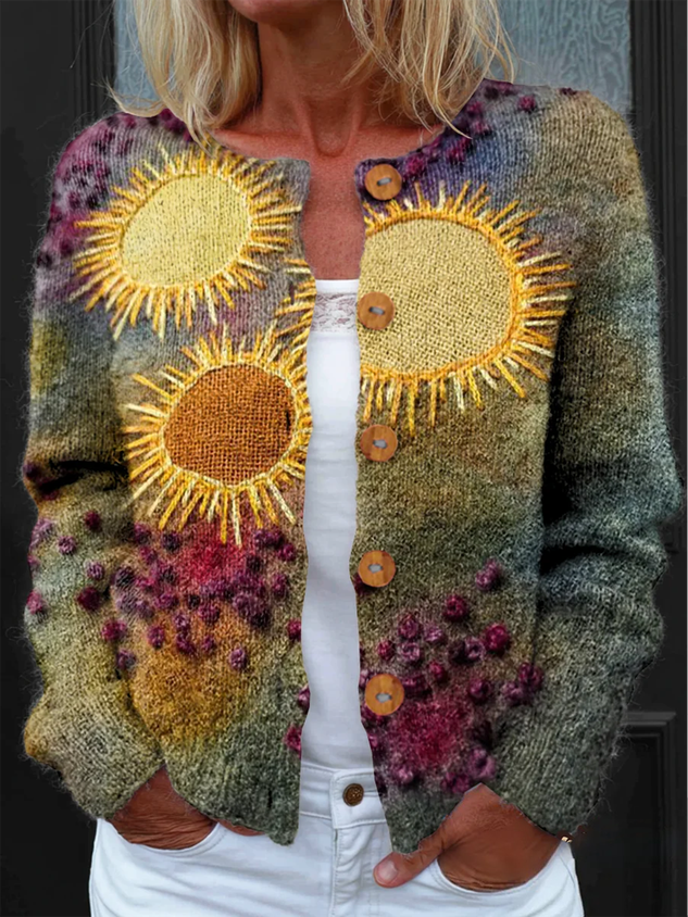 Women Knitted Geometric Long Sleeve Comfy Vintage Cardigan