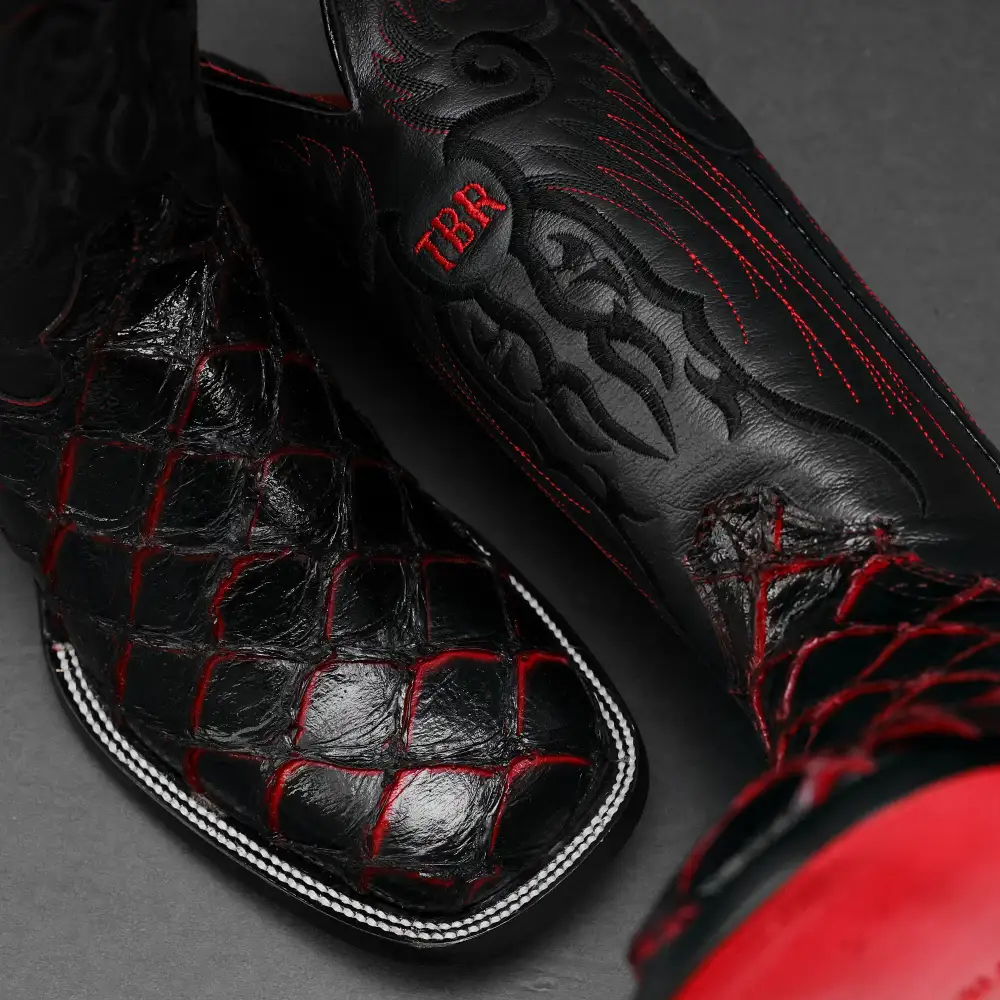 Black/Red TBR Pirarucu Leather Boots - Square Toe