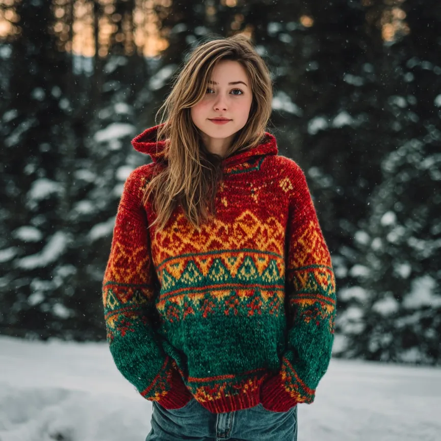 Women's Christmas Fair Isle Vintage Jacquard Knit Hooded Sweater