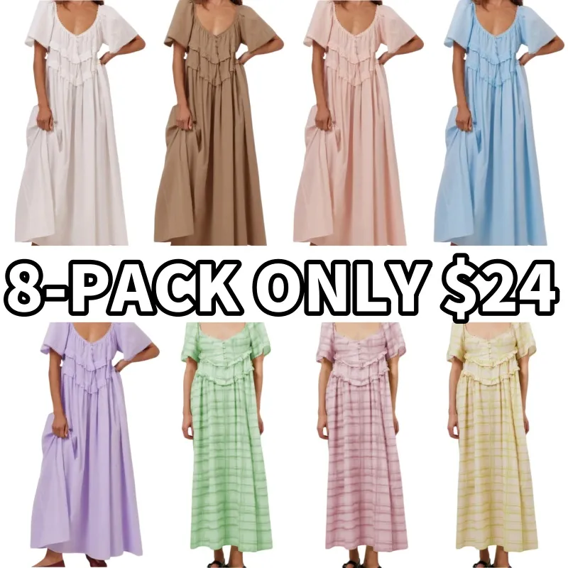 Women Long Dress Elegant Short Sleeve Low-Cut Backless(Just $3 Each!)