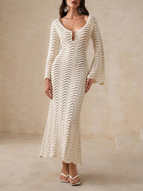 Solid Color Long Sleeves Hollow Vacation Cover-Up Dresses