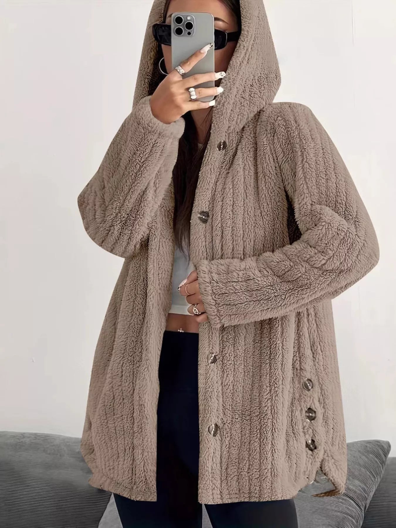 Full Size Fleece Button Up Hooded Outerwear Plus Size