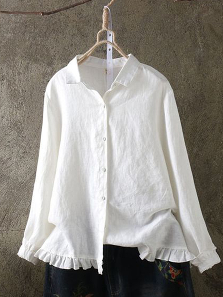 Vintage Plain Shirt Collar Button Down Long Sleeve Blouse b996
