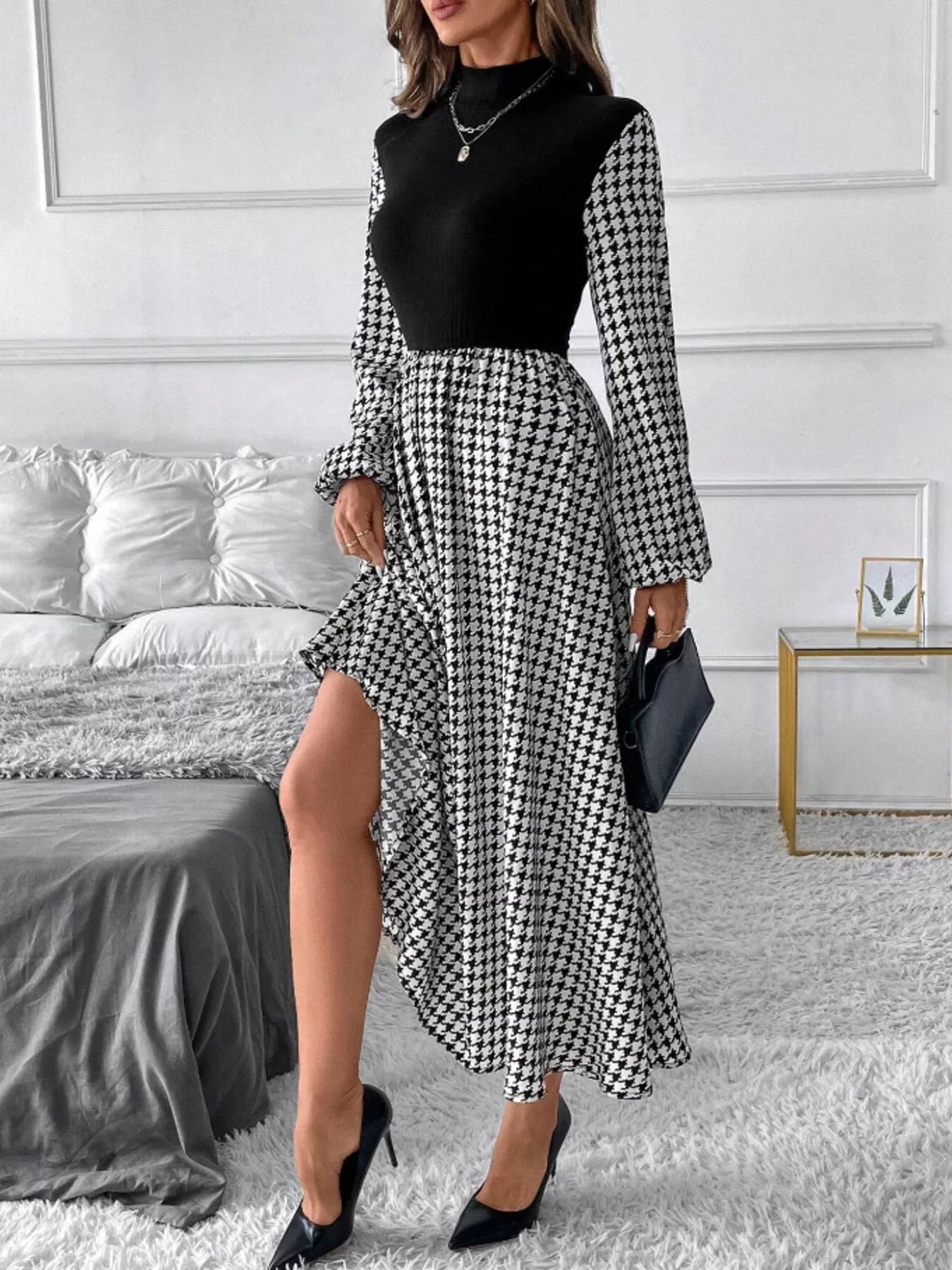 Houndstooth Mock Neck A-Line Dress