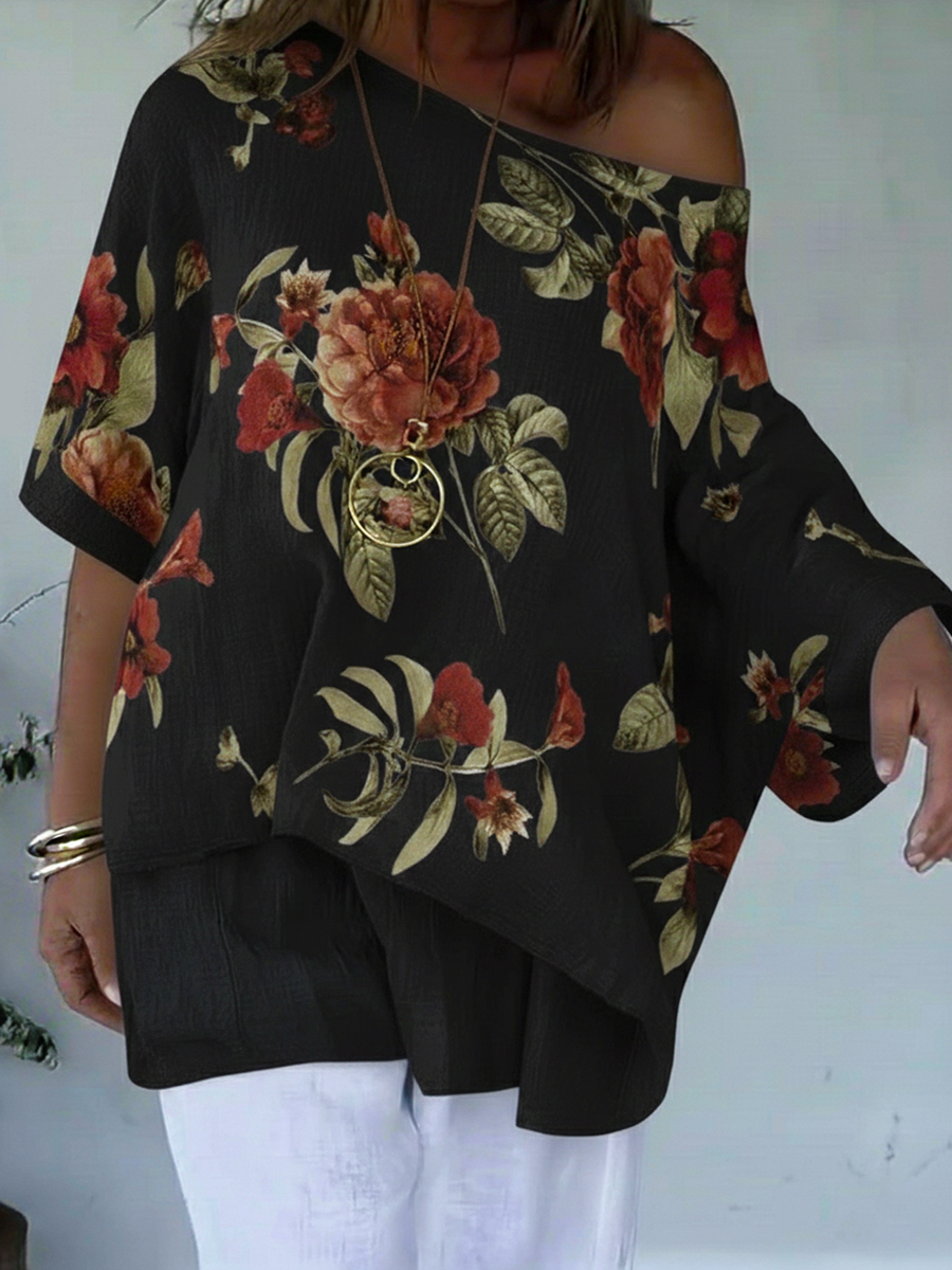 Loose And Cozy Floral Print Linen And Cotton Top