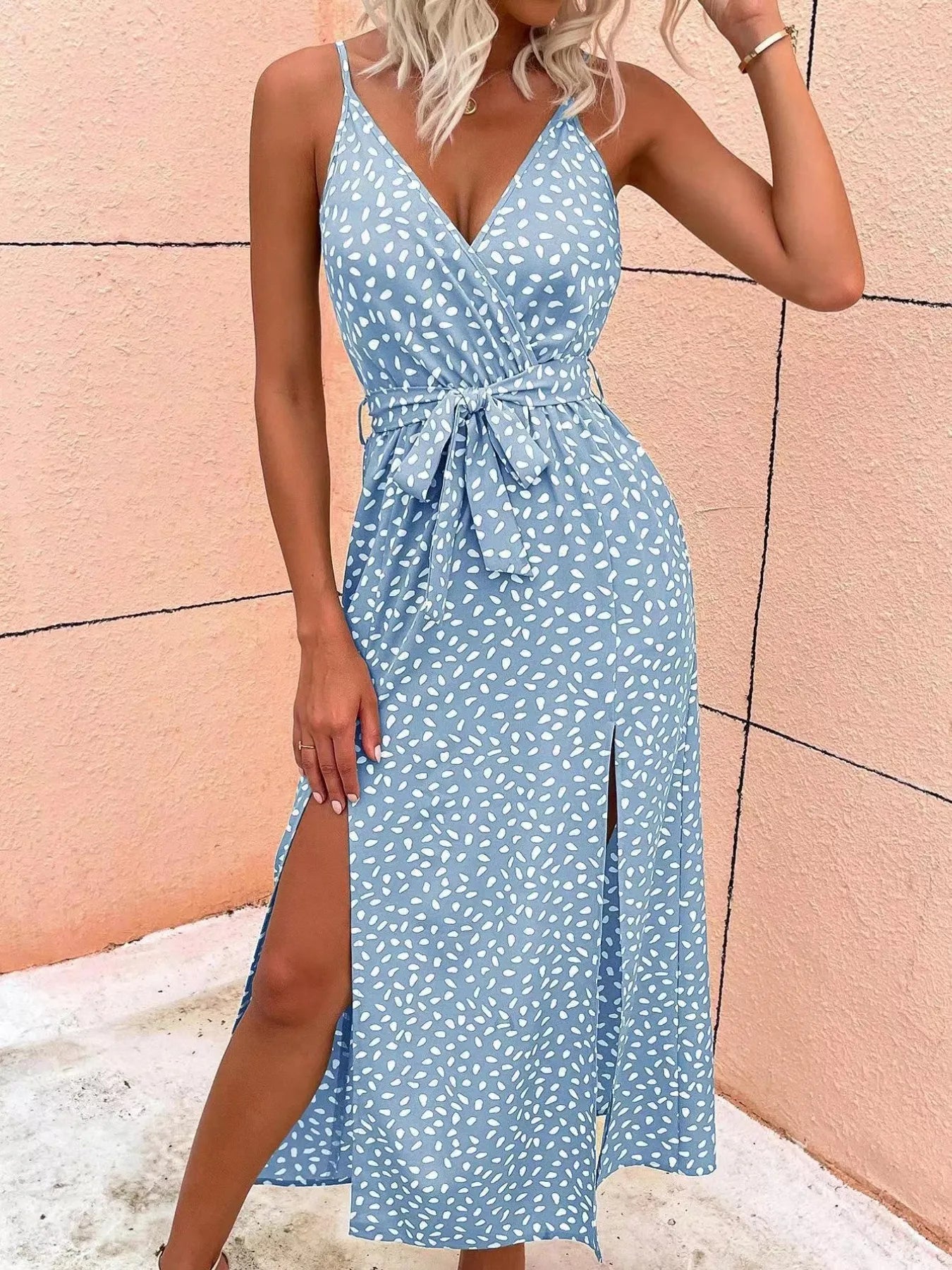 Slit Printed Surplice Midi Dress