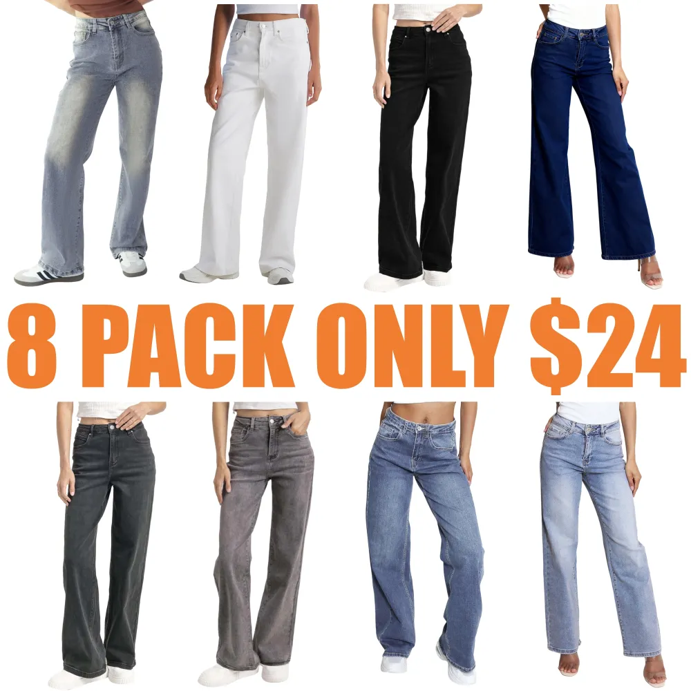 Casual Mid-Rise Denim Multi-Pocket Wide Leg Jeans