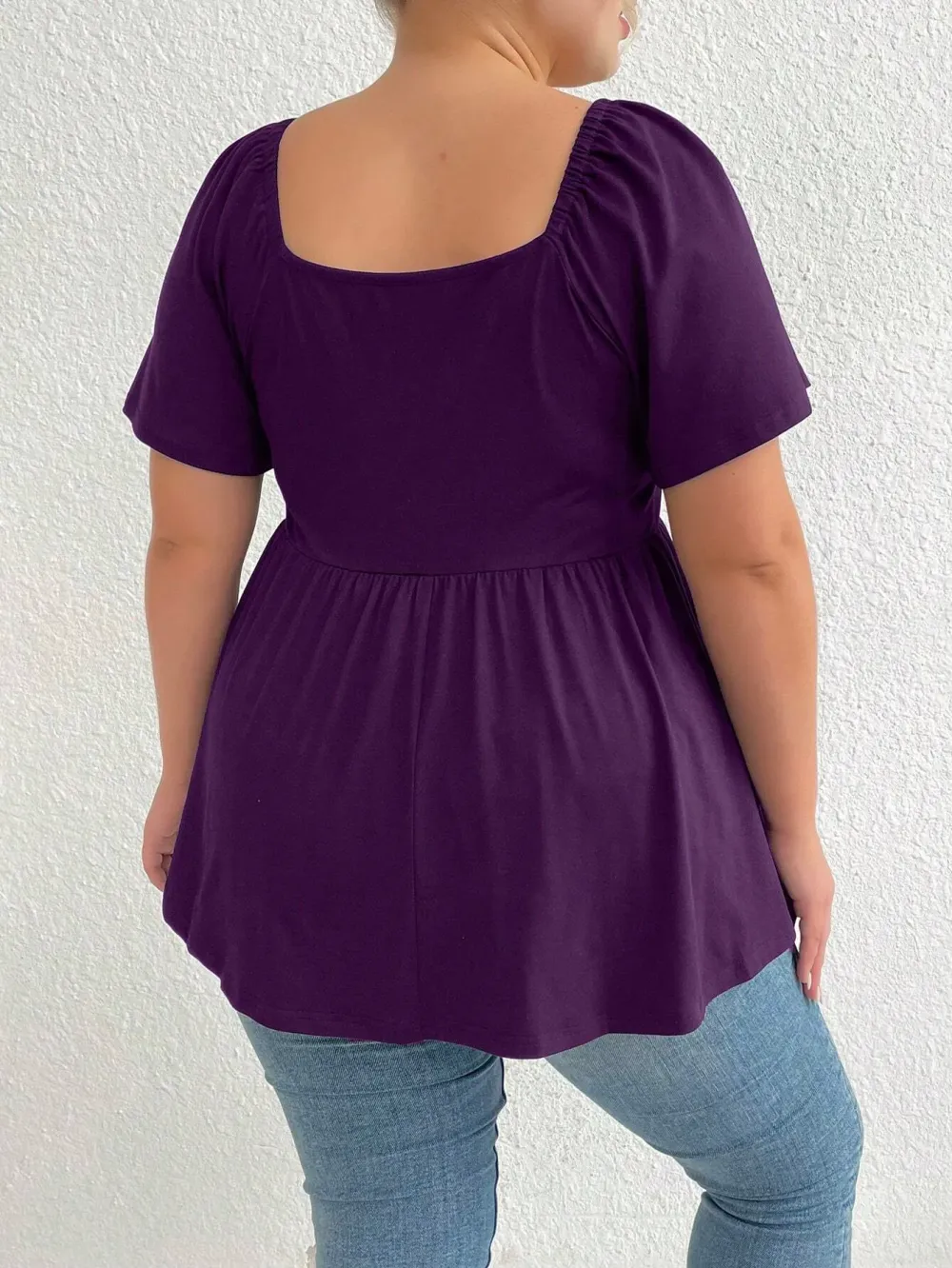 Plus Size Solid Color Rhinestone Collar Tie Front Short Sleeve Simple Casual T-Shirt