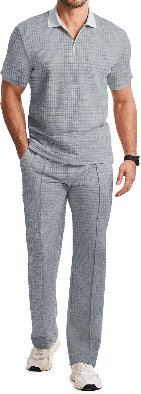 Mens Summer 2 Piece Outfits Short Sets Beach Waffle 1/4 Zip Polo Shirts Casual Loose Pant Loungewear
