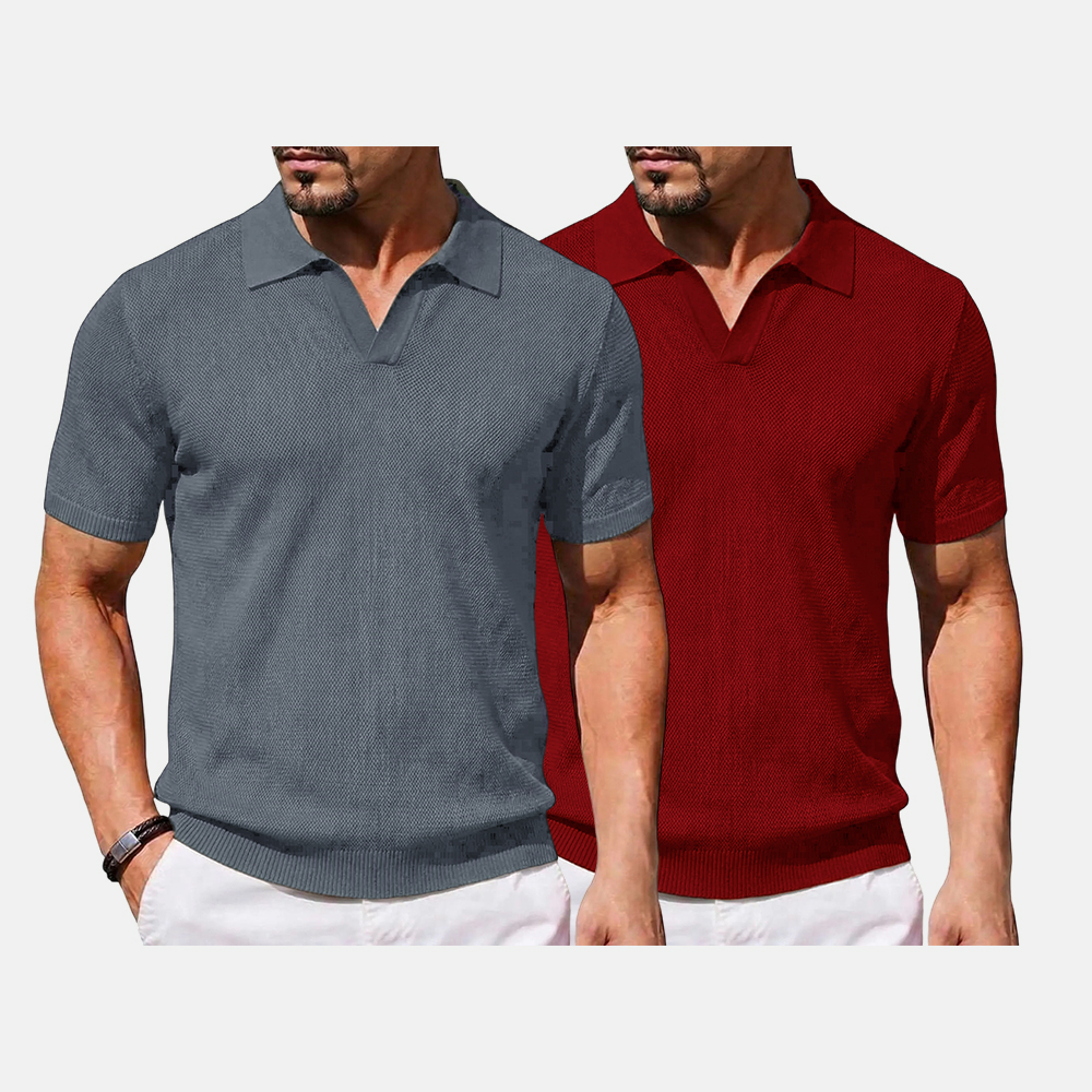 2026 Men's V Neck Short Sleeve Stretch Knit Polo Shirt