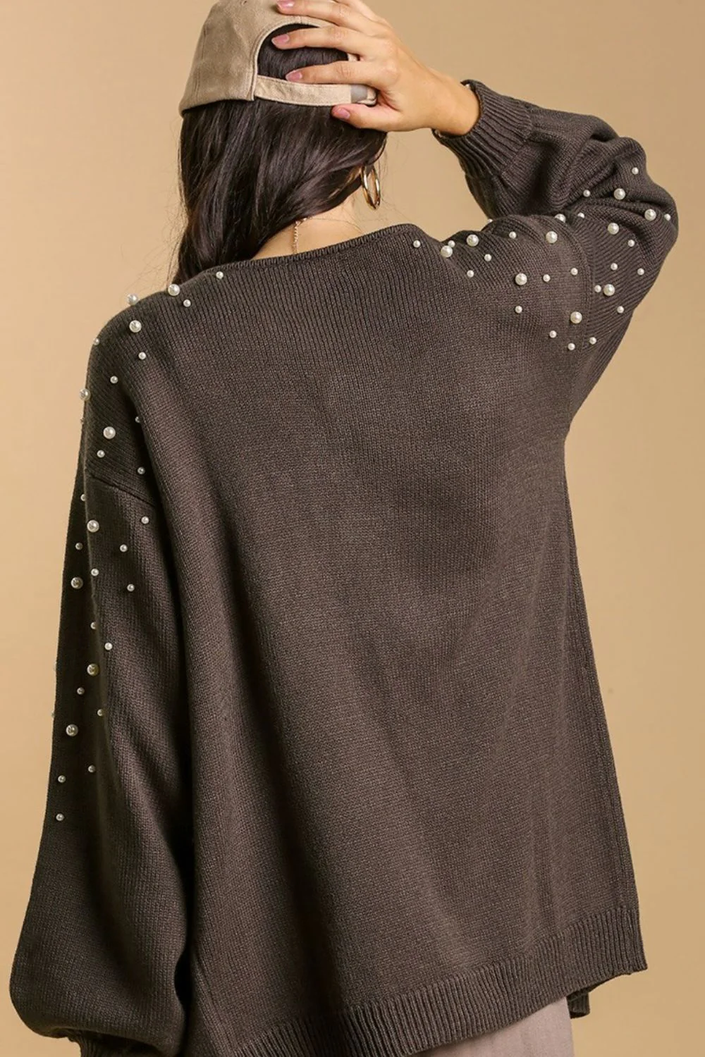 Elegant Open Front Cardigan with Long Sleeve Pearl Details Plus Size