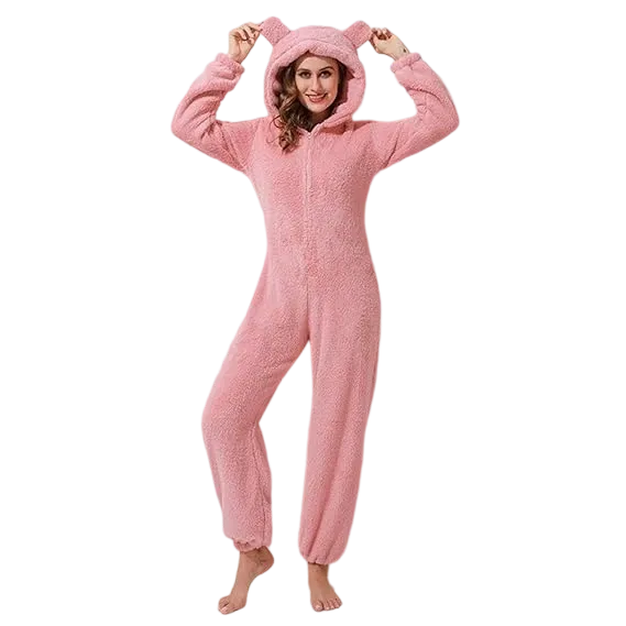 Women's Solid Zipper Hooded Plush Pajama Jumpsuit