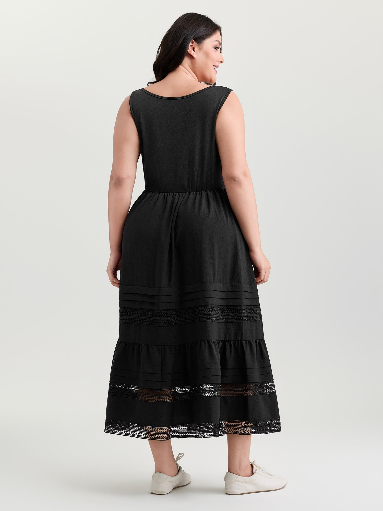 Lace Trim Sheer Button Placket Midi Dress