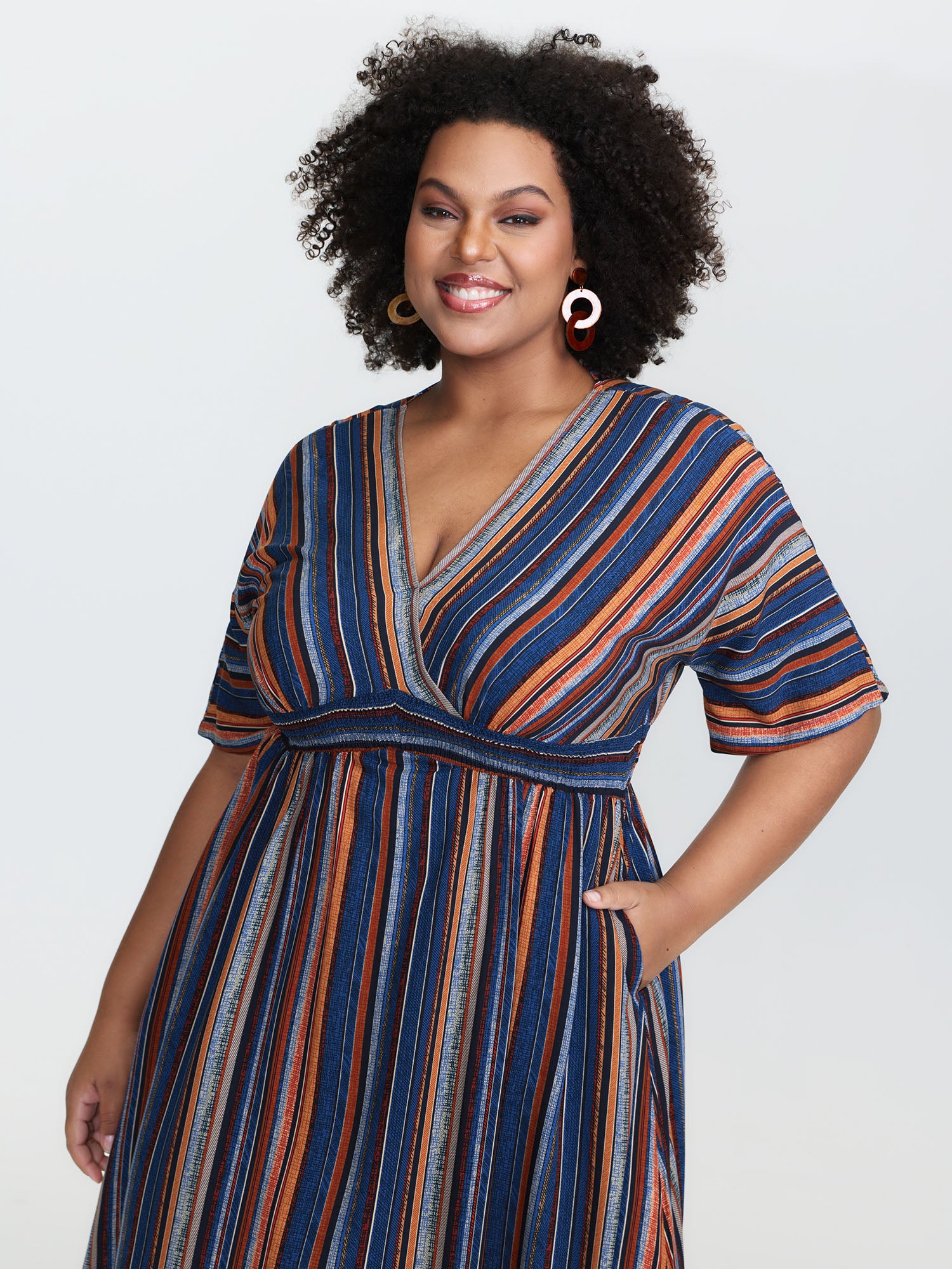 Striped Contrast Dolman Sleeve Shirred Pocket Split Flutter Dress