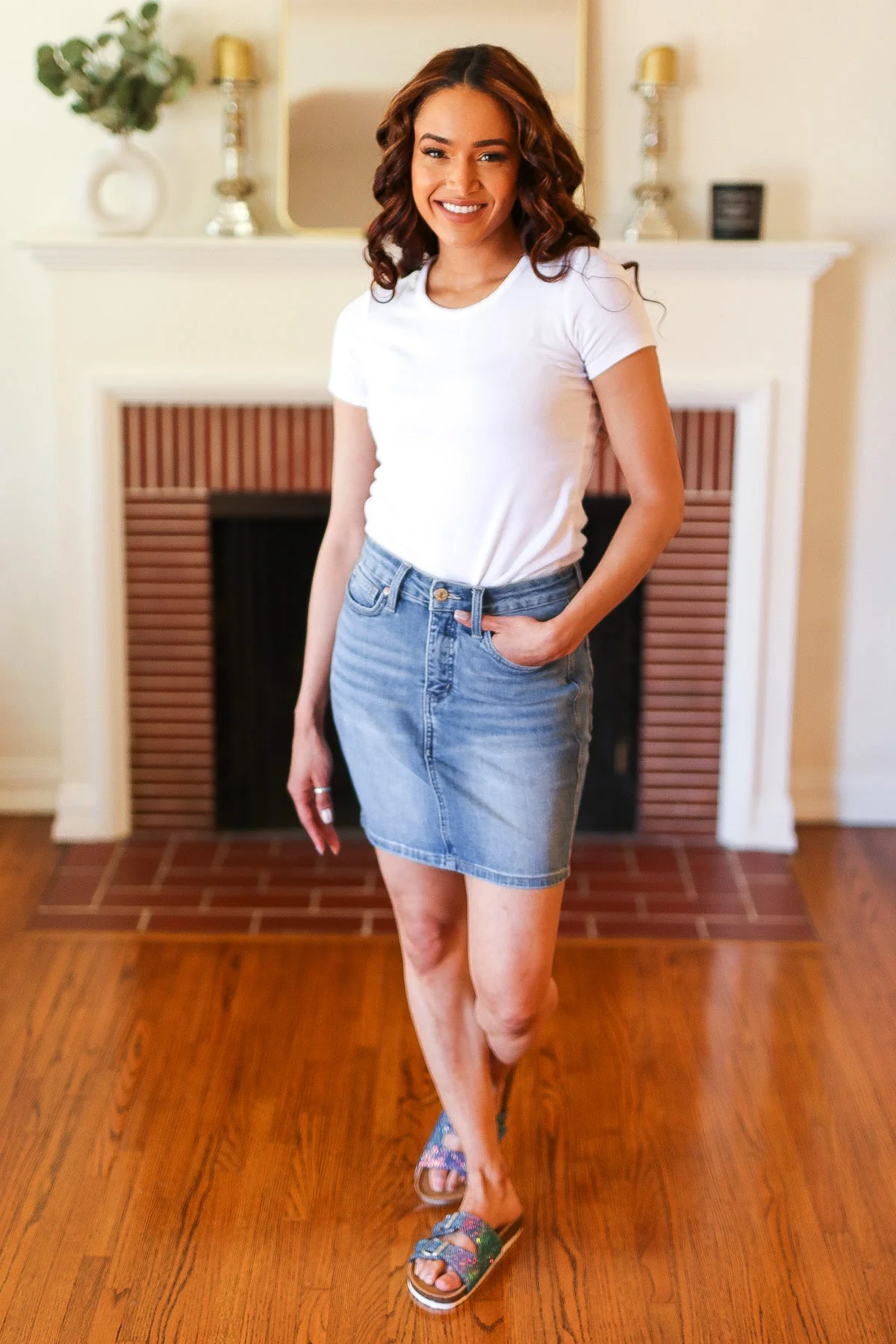 Medium Wash High Rise Tummy Control Denim Skirt