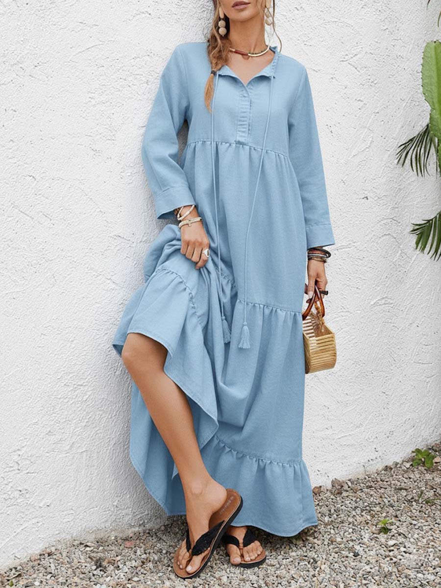 Women's Solid Color Round Neck Long Sleeve Casual Loose Cotton Linen Dress