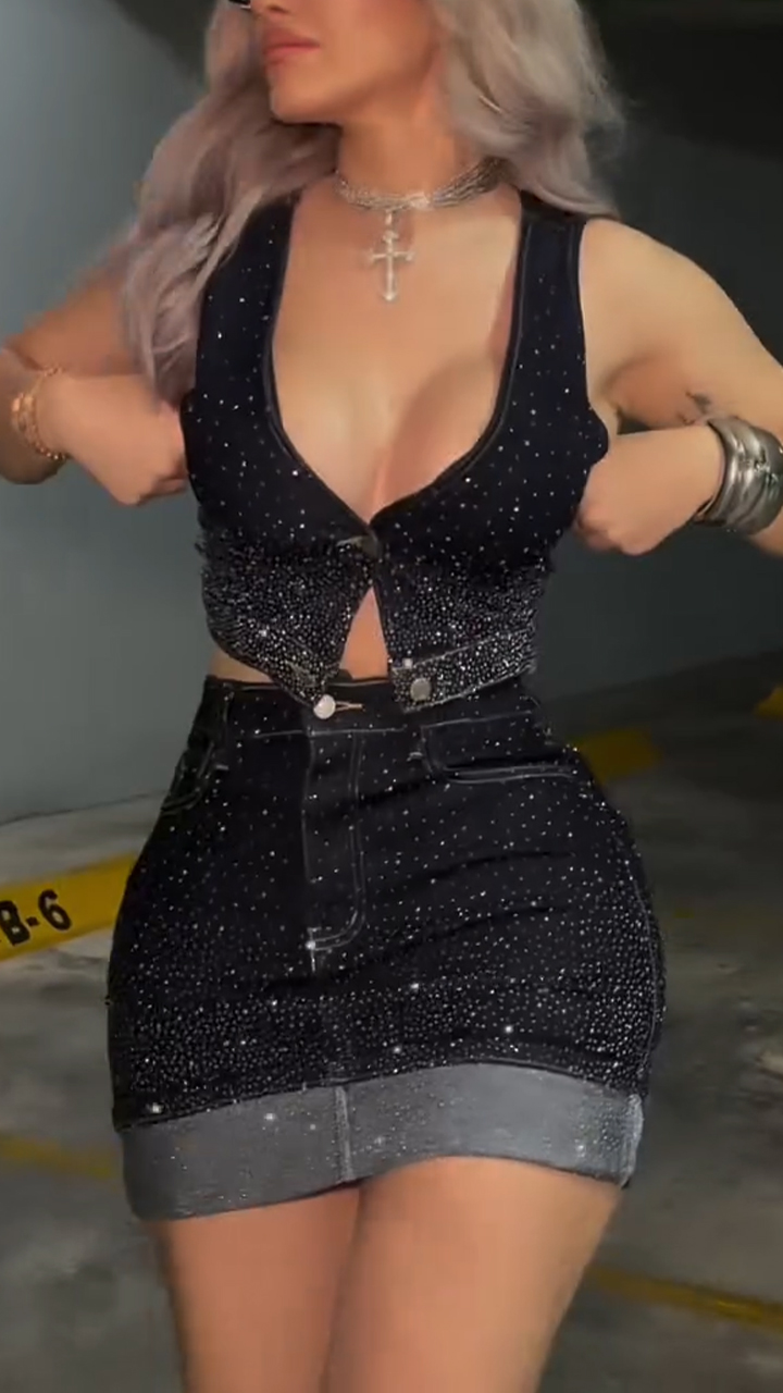 Womens Hot Rhinestone Sexy Casual Denim Suit