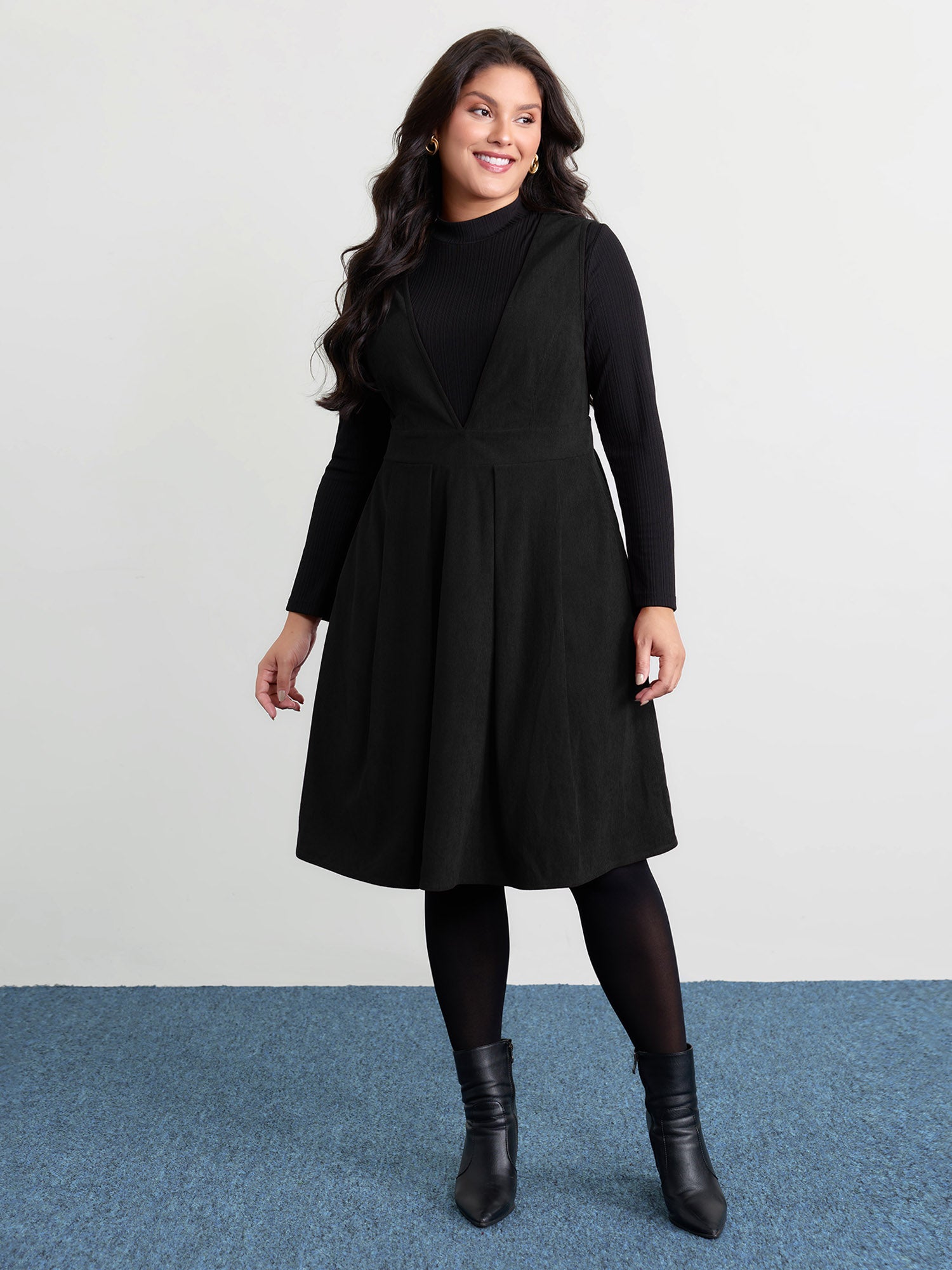 Corduroy Stretchy Waist V-Neck Mini Dress