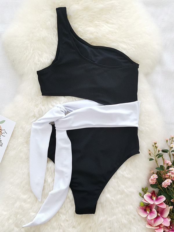 One-Shoulder Belly-Hollow Bandage Split-Joint One-Piece Swimsuit