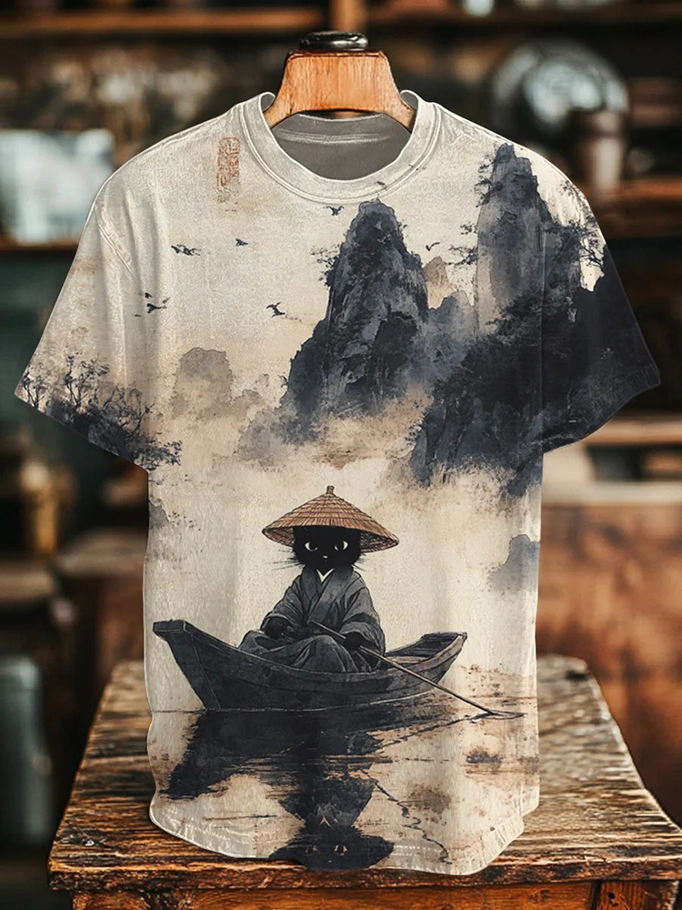 Men's Black Cat Rowing Landscape Ink Painting Art Print T-shirt
