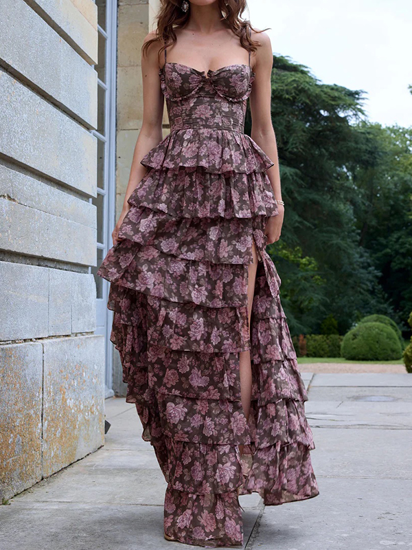 Flower Printed Ruffled Sleevless Spaghetti-Neck Split-Side Maxi Dresses