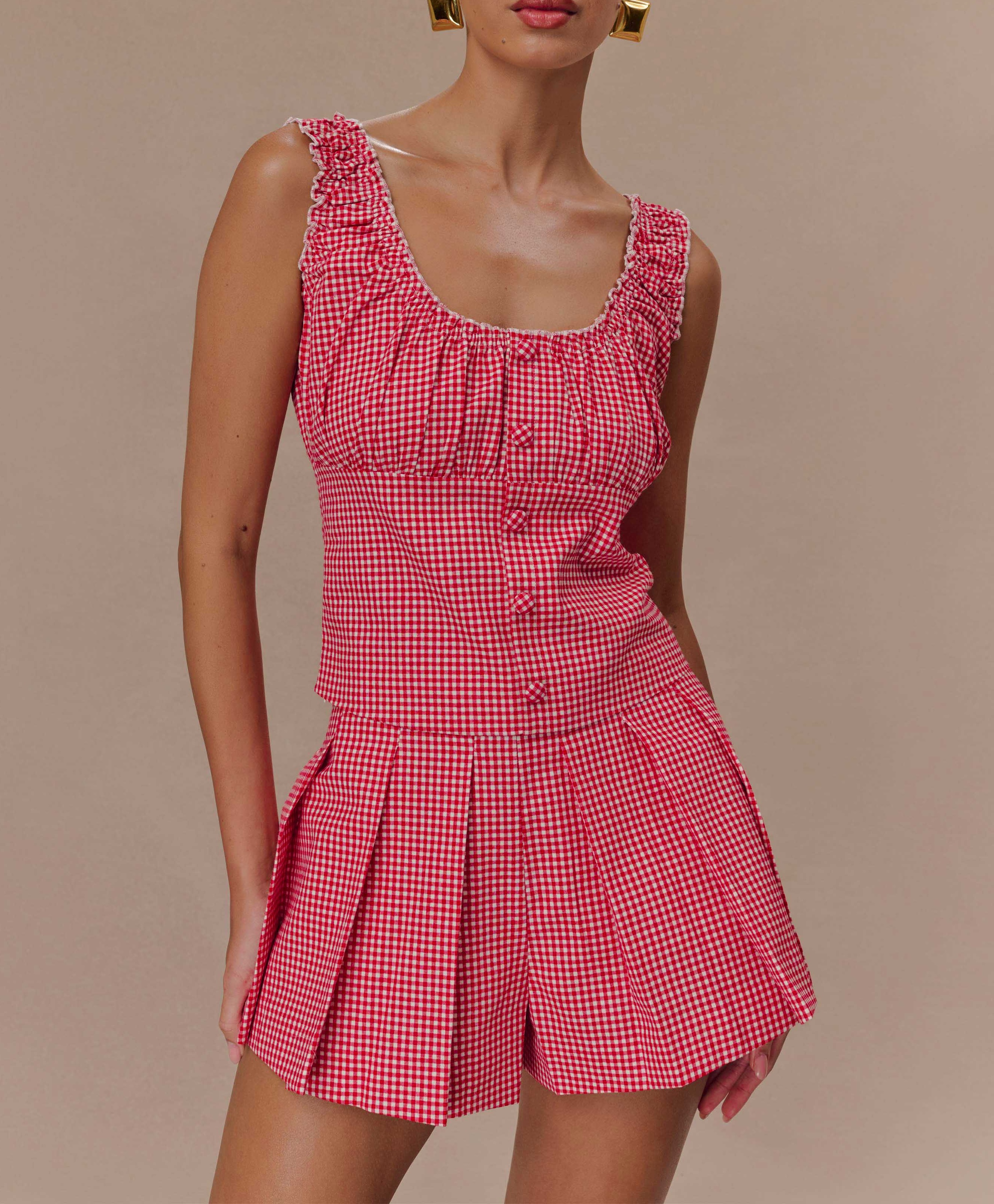 Gingham Sleeveless Ruched Top