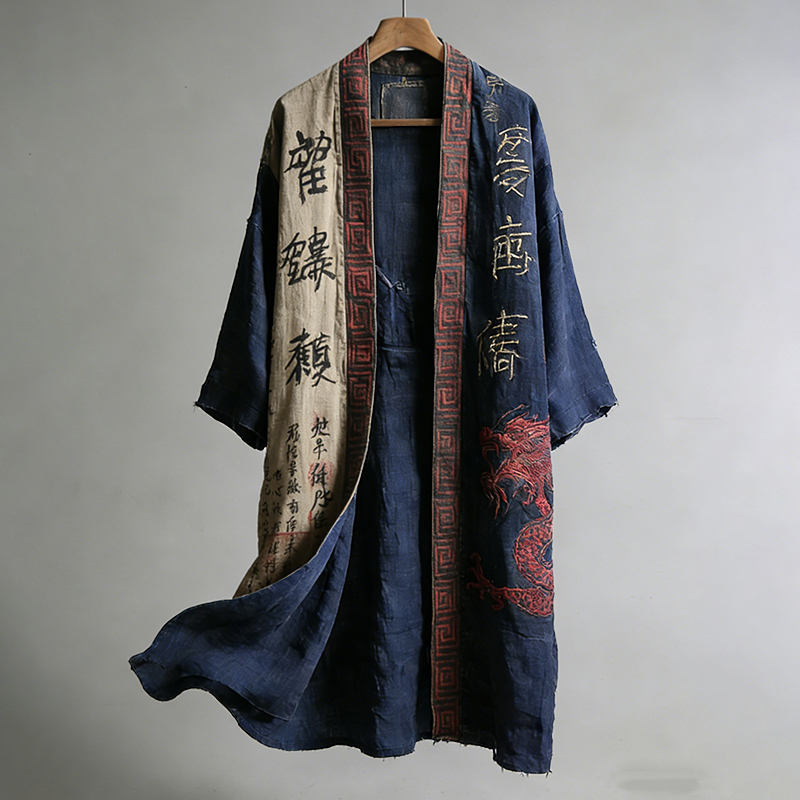 Men's Japanese Dragon Pattern Calligraphy And Painting Art Linen Long Kimono